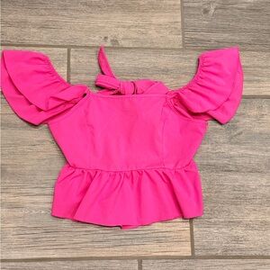 Women's Tie Back Square Neck Cap Sleeve Ruffle Trim Peplum Blouse Top